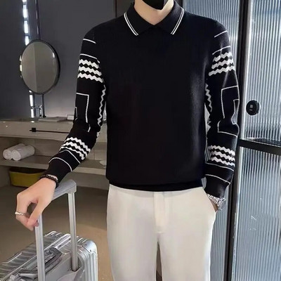 Ανδρικό χειμωνιάτικο πουλόβερ με γυριστό γιακά 2023 Φθινόπωρο Νέας μόδας ριγέ μακρυμάνικο πουλόβερ με κυματιστά πλεκτά μπλουζάκια στο κάτω μέρος