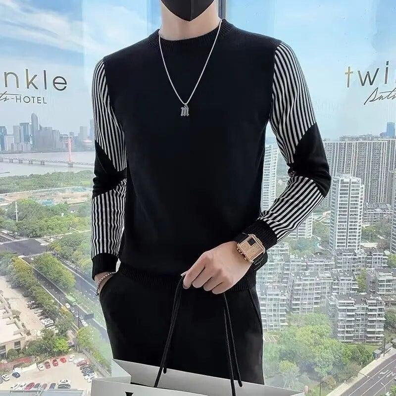 Ανδρικό χειμωνιάτικο πουλόβερ με γυριστό γιακά 2023 Φθινόπωρο Νέας μόδας ριγέ μακρυμάνικο πουλόβερ με κυματιστά πλεκτά μπλουζάκια στο κάτω μέρος