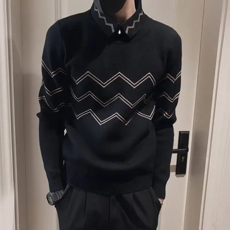 Ανδρικό χειμωνιάτικο πουλόβερ με γυριστό γιακά 2023 Φθινόπωρο Νέας μόδας ριγέ μακρυμάνικο πουλόβερ με κυματιστά πλεκτά μπλουζάκια στο κάτω μέρος