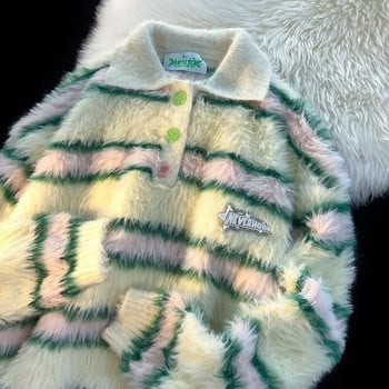 Ιαπωνικό ριγέ πουλόβερ με λαιμόκοψη ρετρό πόλο φθινόπωρο και χειμώνα, άνδρες και γυναίκες, χαλαρό και τεμπέλικο στυλ πλεκτό πουλόβερ με μαλλιά θαλάσσιου αλόγου