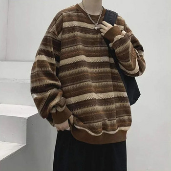 Есен Зима Винтидж плетен пуловер на райета Мъжки пуловер с дълъг ръкав и О-образно деколте Мъжки хип-хоп унисекс горнища Ежедневно облекло