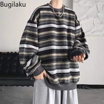 Pulover tricotat cu dungi vintage toamnă iarnă, bărbați, cu mânecă lungă, cu gâtul în formă de O, pulover pentru bărbați, hip hop, unisex, îmbrăcăminte zilnică