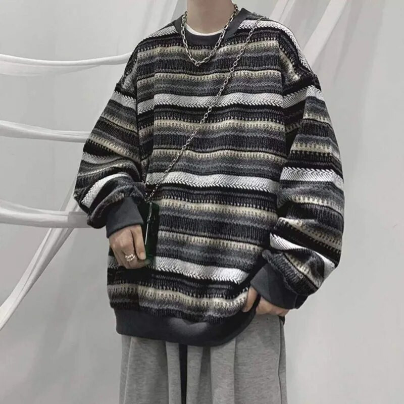 Jesenný zimný vintage pruhovaný pletený sveter pre mužov s dlhým rukávom a výstrihom do O-krku, pánsky hip hop unisex topy, denné nosenie