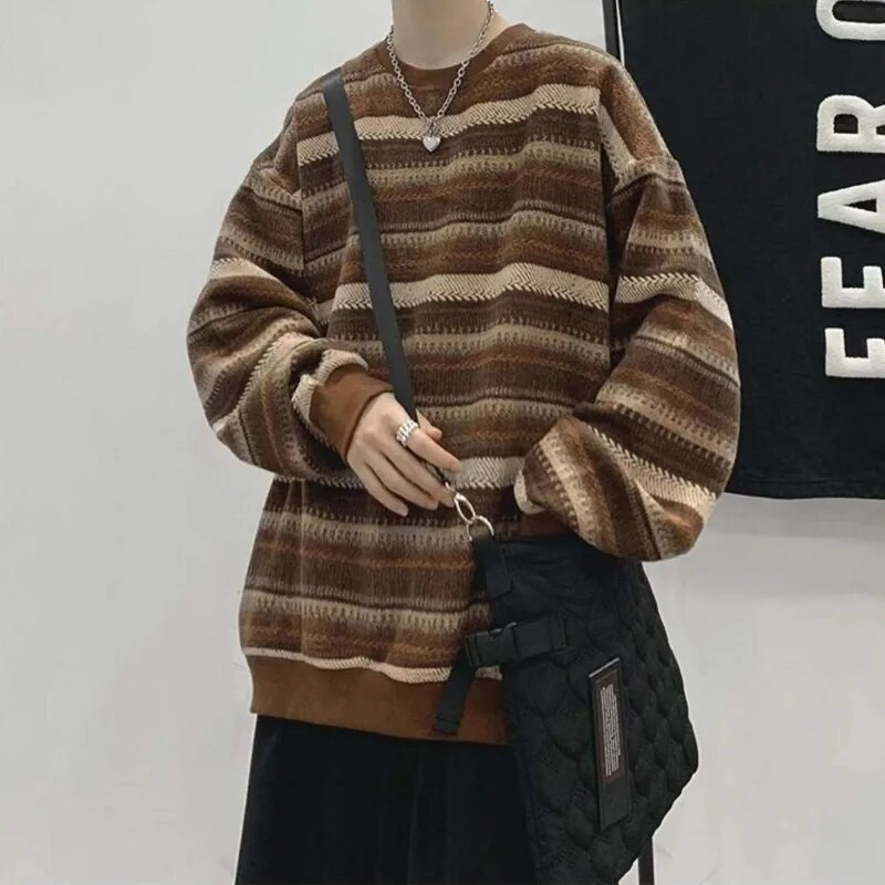 Jesenný zimný vintage pruhovaný pletený sveter pre mužov s dlhým rukávom a výstrihom do O-krku, pánsky hip hop unisex topy, denné nosenie