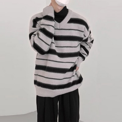 Φθινοπωρινά ρούχα Ανδρικά πλεκτά ριγέ πολυτελή πουλόβερ πουλόβερ casual μονόχρωμο Loose O λαιμό μακρυμάνικο Vintage streetwear