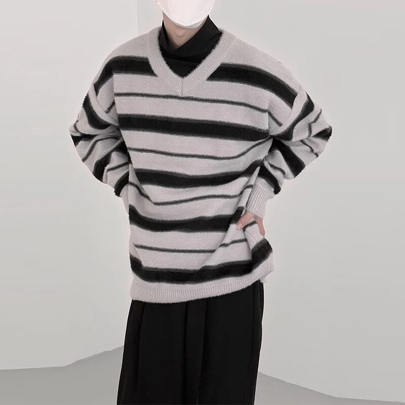 Φθινοπωρινά ρούχα Ανδρικά πλεκτά ριγέ πολυτελή πουλόβερ πουλόβερ casual μονόχρωμο Loose O λαιμό μακρυμάνικο Vintage streetwear