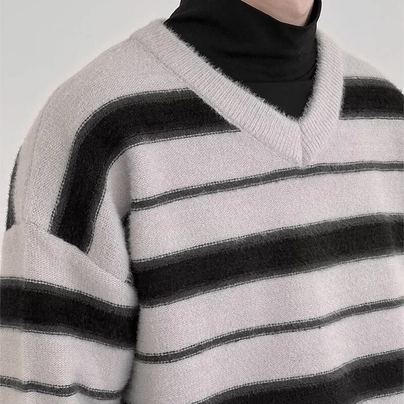 Φθινοπωρινά ρούχα Ανδρικά πλεκτά ριγέ πολυτελή πουλόβερ πουλόβερ casual μονόχρωμο Loose O λαιμό μακρυμάνικο Vintage streetwear