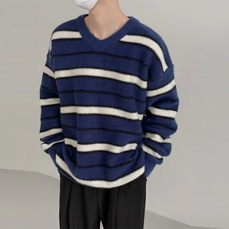 Φθινοπωρινά ρούχα Ανδρικά πλεκτά ριγέ πολυτελή πουλόβερ πουλόβερ casual μονόχρωμο Loose O λαιμό μακρυμάνικο Vintage streetwear