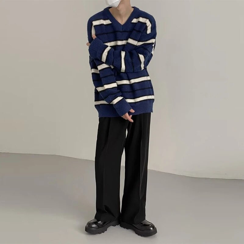 Φθινοπωρινά ρούχα Ανδρικά πλεκτά ριγέ πολυτελή πουλόβερ πουλόβερ casual μονόχρωμο Loose O λαιμό μακρυμάνικο Vintage streetwear