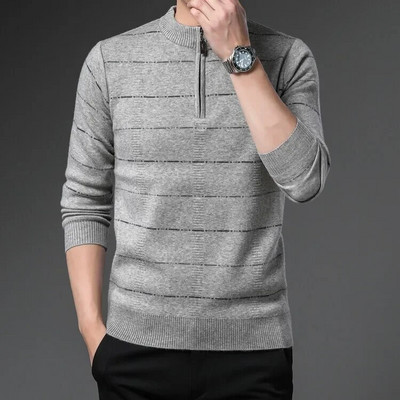 Rudens un ziemas jauns vīriešu rāvējslēdzēja svītrains džemperis ar apaļu kakla džemperi Modes ikdienas silts trikotāžas džemperis