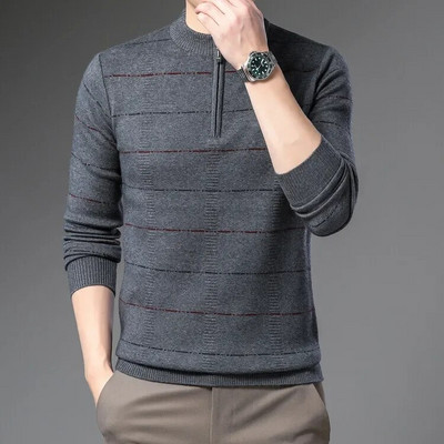 Rudens un ziemas jauns vīriešu rāvējslēdzēja svītrains džemperis ar apaļu kakla džemperi Modes ikdienas silts trikotāžas džemperis