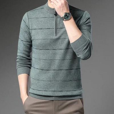 Rudens un ziemas jauns vīriešu rāvējslēdzēja svītrains džemperis ar apaļu kakla džemperi Modes ikdienas silts trikotāžas džemperis