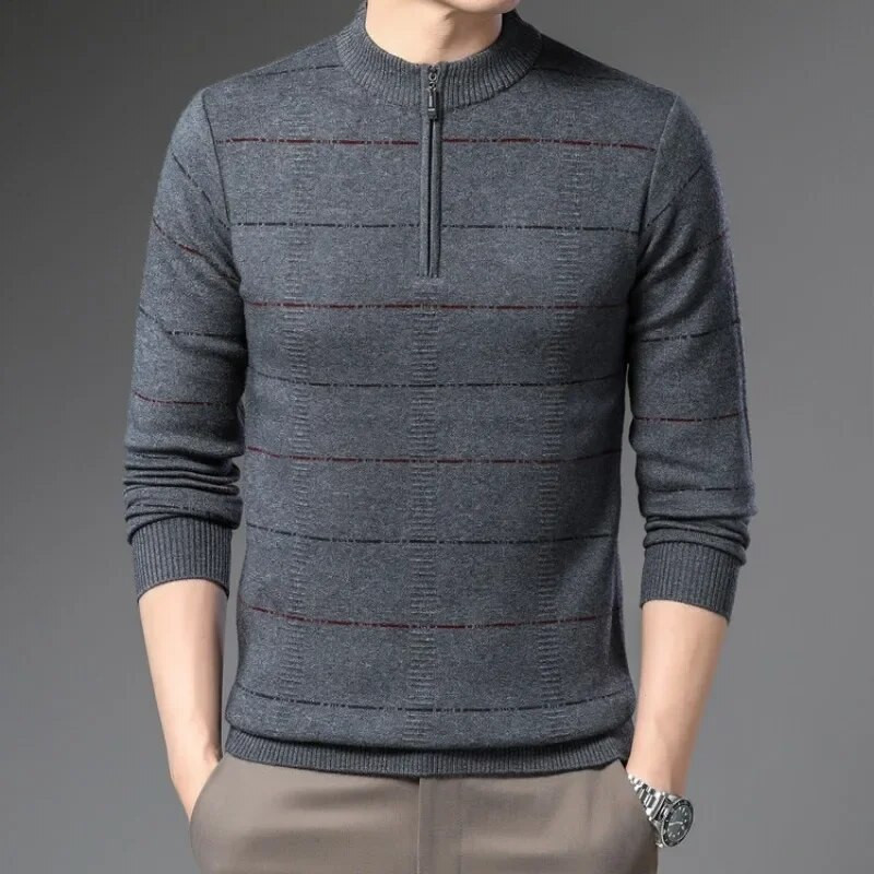 Rudens un ziemas jauns vīriešu rāvējslēdzēja svītrains džemperis ar apaļu kakla džemperi Modes ikdienas silts trikotāžas džemperis