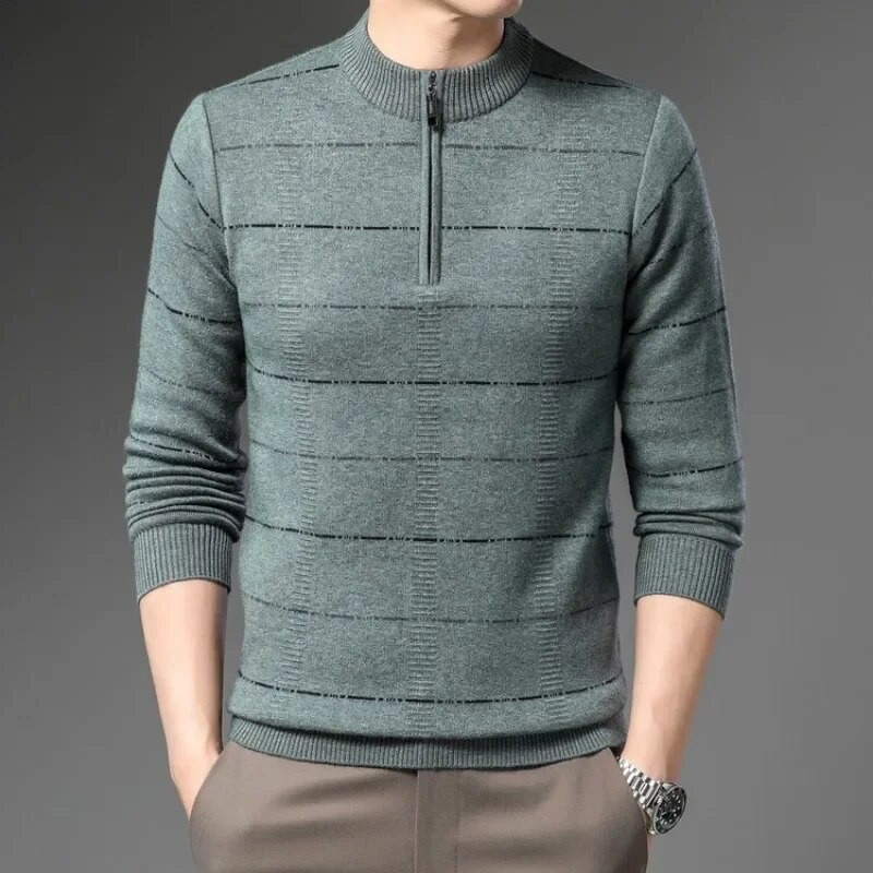 Rudens un ziemas jauns vīriešu rāvējslēdzēja svītrains džemperis ar apaļu kakla džemperi Modes ikdienas silts trikotāžas džemperis