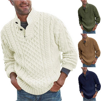 Мъжки пуловер с дълъг ръкав с цветя на райета, едноцветен, с половин цип, есенно-зимно облекло Прост тънък пуловер за мъжка мода