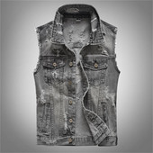 Kevad sügisvintage meeste teksariidest vest meeste varrukateta jakk Meeste hall ripped Hole Jean vestid, riided, 5XL