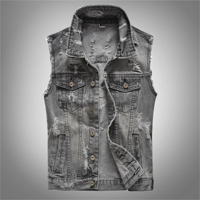 Kevad sügisvintage meeste teksariidest vest meeste varrukateta jakk Meeste hall ripped Hole Jean vestid, riided, 5XL