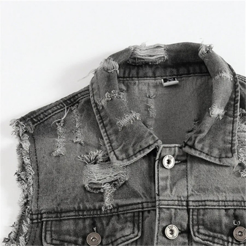 Proljeće Jesen Vintage muški traper prsluk Muška jakna bez rukava Muški sivi Jean prsluci s poderanim rupama Odjeća prekomjerna 5XL