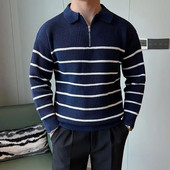 Biznesa gadījuma vīriešu trikotāžas apģērbs Modes All Match Svītrains džemperis Vīriešu Rudens / Ziemas Virsdrēbes Pamatne Melnbalts Svītrains Džemperis