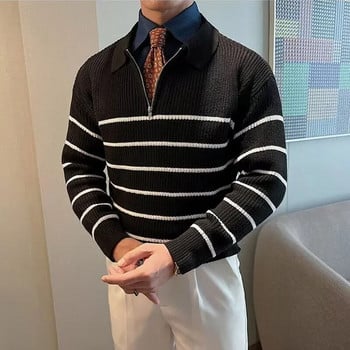 Бизнес ежедневни мъжки трикотажни модни универсални раирани пуловери Мъжки есен / зима Базово горно облекло Черно-бял пуловер на райета