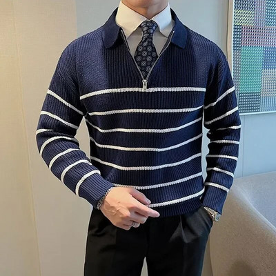 Biznesa gadījuma vīriešu trikotāžas apģērbs Modes All Match Svītrains džemperis Vīriešu Rudens / Ziemas Virsdrēbes Pamatne Melnbalts Svītrains Džemperis