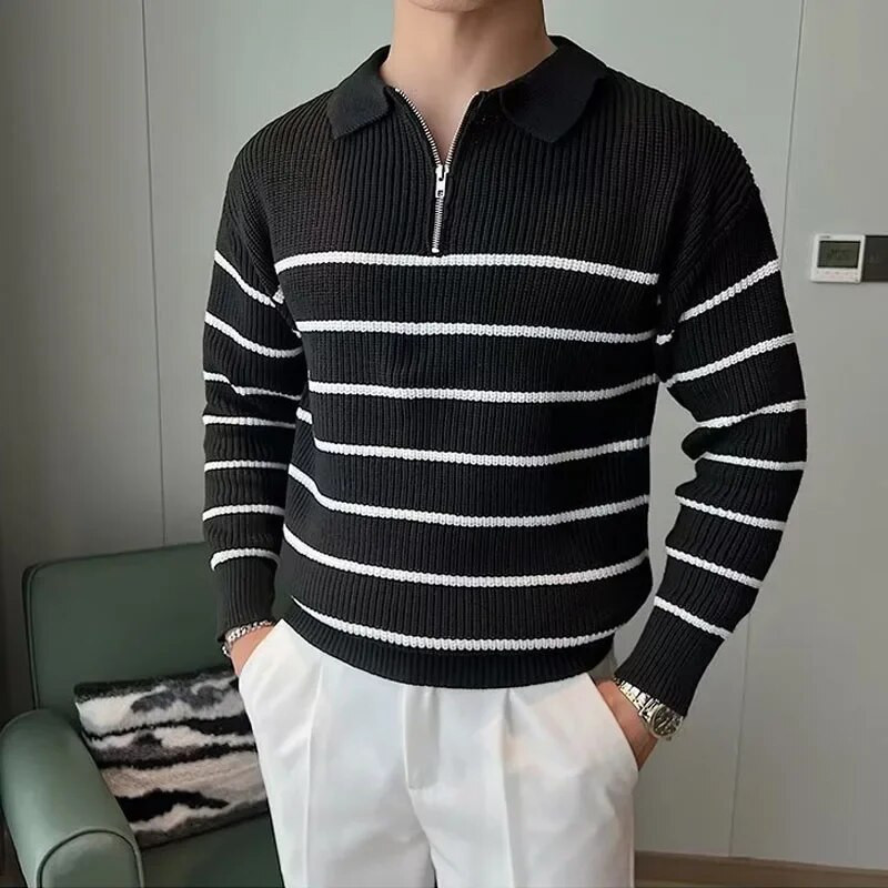 Biznesa gadījuma vīriešu trikotāžas apģērbs Modes All Match Svītrains džemperis Vīriešu Rudens / Ziemas Virsdrēbes Pamatne Melnbalts Svītrains Džemperis