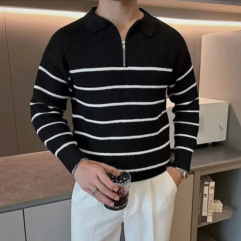 Biznesa gadījuma vīriešu trikotāžas apģērbs Modes All Match Svītrains džemperis Vīriešu Rudens / Ziemas Virsdrēbes Pamatne Melnbalts Svītrains Džemperis