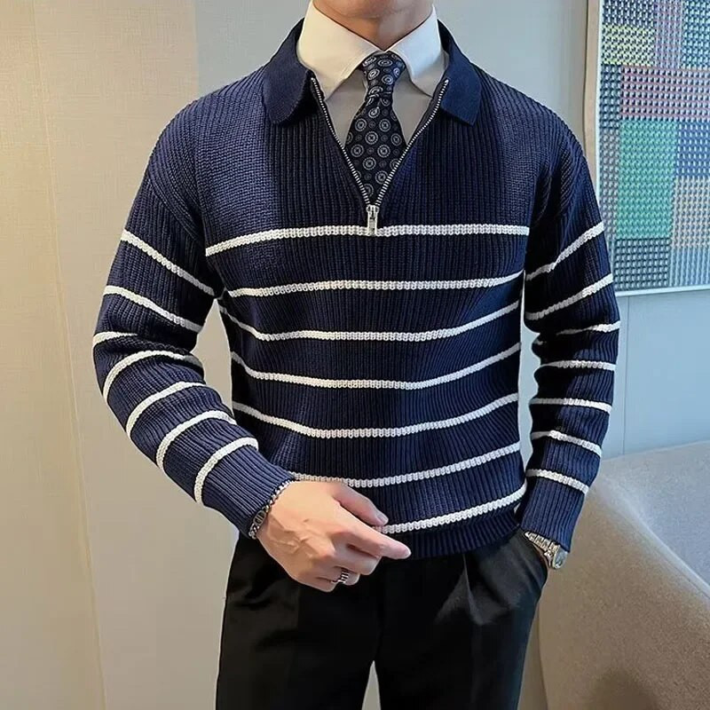 Biznesa gadījuma vīriešu trikotāžas apģērbs Modes All Match Svītrains džemperis Vīriešu Rudens / Ziemas Virsdrēbes Pamatne Melnbalts Svītrains Džemperis