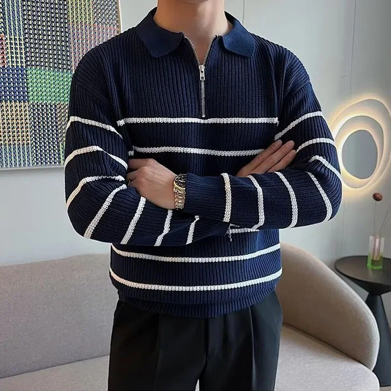 Biznesa gadījuma vīriešu trikotāžas apģērbs Modes All Match Svītrains džemperis Vīriešu Rudens / Ziemas Virsdrēbes Pamatne Melnbalts Svītrains Džemperis