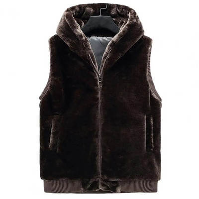 Meeste Vest Pehme Palus Kunstkarusnaha kapuutsiga Varrukateta Meeste Paks Palus mantel Paksendatud Tõmblukuga suletav Taskud Kardigan Meeste Vest