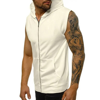 Ανδρικό αμάνικο μπλουζάκι με φερμουάρ μονόχρωμο γιλέκο με κουκούλα γυμναστικής γυμναστικής μυϊκό γιλέκο με φερμουάρ Ανδρικό φούτερ για τρέξιμο
