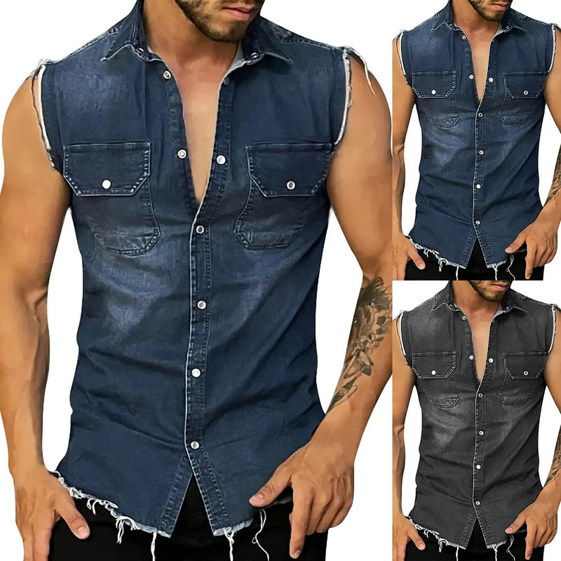 Ανδρικό εφαρμοστό vintage τζιν γιλέκο αμάνικο τζιν γιλέκο και μπουφάν γεωμετρική κορεατική μόδα