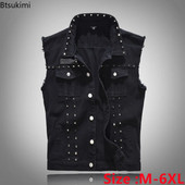 Plus Size 5XL 6XL Ανδρικό τζιν γιλέκο Punk Rock Rivet Cowboy Black Jeans Γιλέκο Μόδα Ανδρικό Μοτοσικλέτα Αμάνικο Τζιν μπουφάν