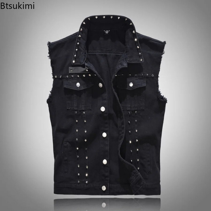 Plus Size 5XL 6XL Ανδρικό τζιν γιλέκο Punk Rock Rivet Cowboy Black Jeans Γιλέκο Μόδα Ανδρικό Μοτοσικλέτα Αμάνικο Τζιν μπουφάν