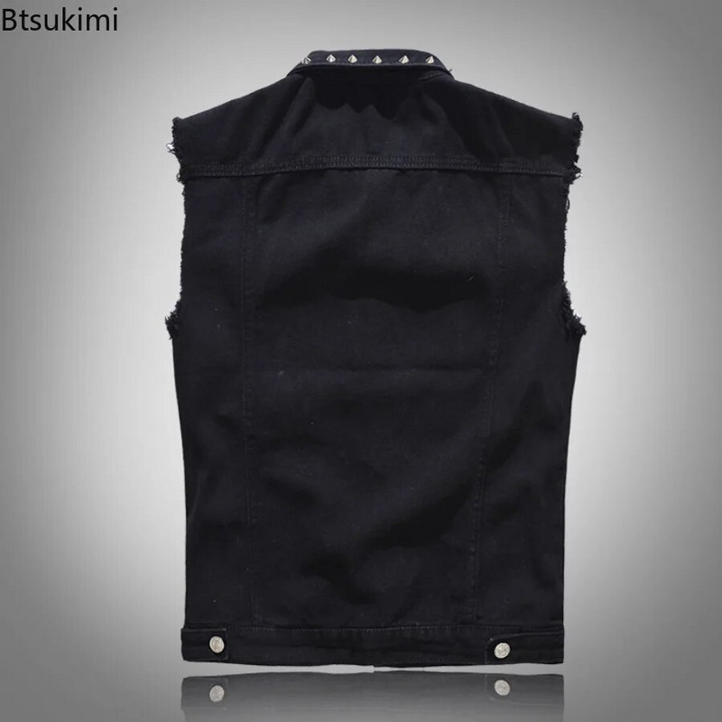Plus Size 5XL 6XL Ανδρικό τζιν γιλέκο Punk Rock Rivet Cowboy Black Jeans Γιλέκο Μόδα Ανδρικό Μοτοσικλέτα Αμάνικο Τζιν μπουφάν