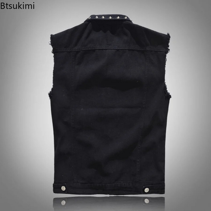 Plus Size 5XL 6XL Ανδρικό τζιν γιλέκο Punk Rock Rivet Cowboy Black Jeans Γιλέκο Μόδα Ανδρικό Μοτοσικλέτα Αμάνικο Τζιν μπουφάν