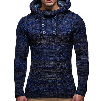 Мъже Есен Зима Топла удебелена тънка плетена суичър с качулка Яке с дълъг ръкав Пуловер с яка и плътен ежедневен мъжки пуловер с качулка