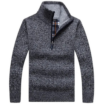 Есенен мъжки плътен топъл плетен пуловер Едноцветни пуловери с висока яка с дълъг ръкав Половин цип Топъл поларен зимен джъмпер Удобно облекло