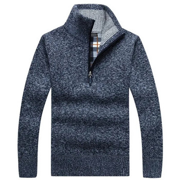 Есенен мъжки плътен топъл плетен пуловер Едноцветни пуловери с висока яка с дълъг ръкав Половин цип Топъл поларен зимен джъмпер Удобно облекло