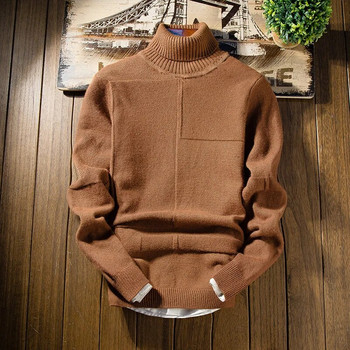 Зимен нов мъжки пуловер с висока яка, чист цвят, ежедневна мода, висококачествено мъжко облекло, топли, еластични, тънки пуловери с дълъг ръкав