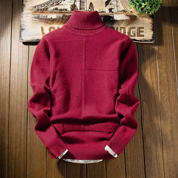Зимен нов мъжки пуловер с висока яка, чист цвят, ежедневна мода, висококачествено мъжко облекло, топли, еластични, тънки пуловери с дълъг ръкав