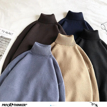 Зимни топли мъжки пуловери с висока яка, едноцветни корейски мъжки ежедневни пуловери за плетачи 2024 Harajuku Мъжки M-3Xl мек