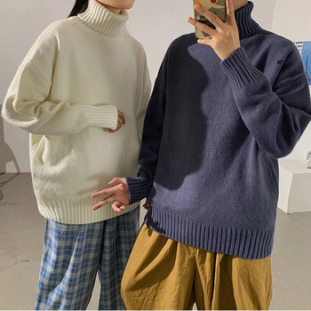 Зимни топли мъжки пуловери с висока яка, едноцветни корейски мъжки ежедневни пуловери за плетачи 2024 Harajuku Мъжки M-3Xl мек