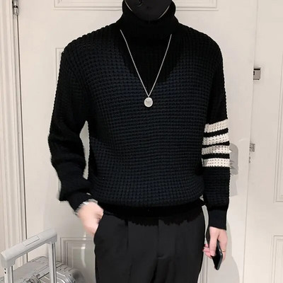 Muška odjeća Puloveri Pleteni džemperi za muškarce S dolčevitom crnim visokim ovratnikom Prugasta pletiva Vrećasta vunena naručena majica Ležerna A