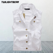 Nauja vyriška džinsinė liemenė balta laisvalaikio striukė be rankovių, negabaritinių 4XL gatvės apranga Retro skylė skalbta kaubojiška liemenė vyriški drabužiai A3F806