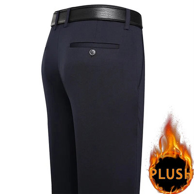 Vīriešu rudens ziemas elastīgas bikses plīša Smart Casual uzvalka bikses brīvas taisnas tumši zilas melnas kleitas bikses biezas siltas bikses