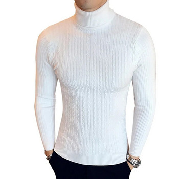 Мъжки пуловер с висока яка Зимен ежедневен плетен пуловер Затоплящ плътен цвят Slim Fit Мъжки пуловери Топове