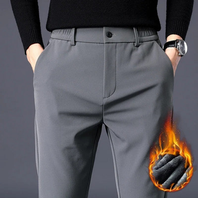 Pantaloni de toamnă de iarnă bărbați îngroșați căptușiți cu lână caldă, talie elastică, pantaloni de sport în aer liber, subțiri, gri, pantaloni de costum pentru bărbați