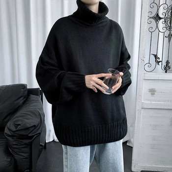 Есен Зима Мъжки пуловер с висока яка с дълъг ръкав Студентска мода Поддържайте топлината Универсални пуловери за двойки Harajuku облекло Черно сиво