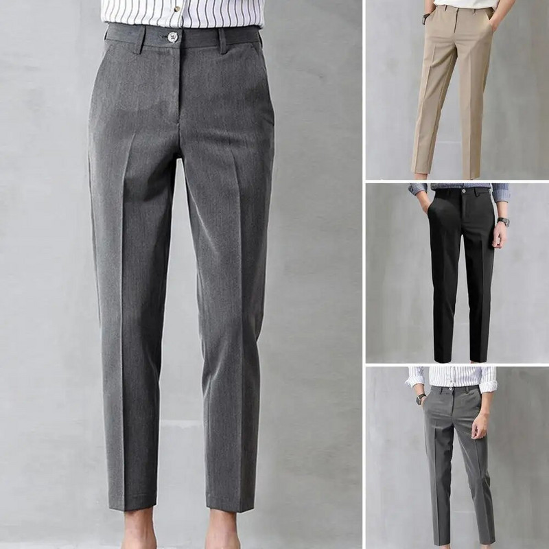 Populaarsed meeste püksid hingavad meeste ülikonnapüksid pehmest kangast õrna keskmise vöökohaga pahkluu pikkusega äripüksid